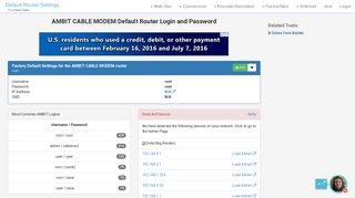 AMBIT CABLE MODEM Default Router Login and Password