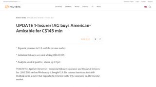 UPDATE 1-Insurer IAG buys American-Amicable for C$145 mln ...