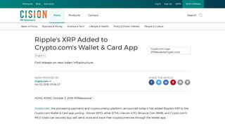 Ripple's XRP Added to Crypto.com's Wallet & Card App - PR Newswire
