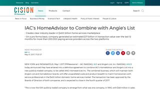 IAC's HomeAdvisor to Combine with Angie's List - PR Newswire