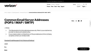 Common Email Server Addresses (POP3 / IMAP ... - Verizon Wireless