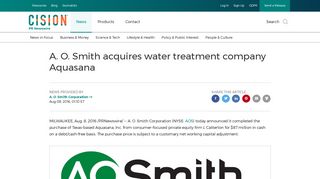 A. O. Smith acquires water treatment company Aquasana - PR Newswire