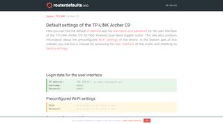 Default settings of the TP-LINK Archer C9 - routerdefaults.org