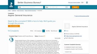 Aspire General Insurance | Complaints | Better Business Bureau® Profile