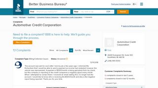 Automotive Credit Corporation | Complaints | Better Business Bureau ...