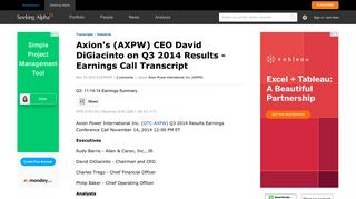 Axion's (AXPW) CEO David DiGiacinto on Q3 2014 Results - Earnings ...