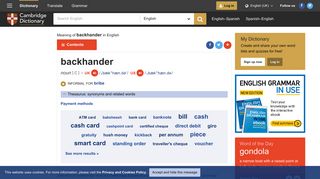 BACKHANDER | meaning in the Cambridge English Dictionary