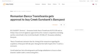 Romanian Banca Transilvania gets approval to buy Greek Eurobank's ...