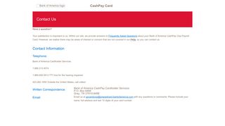 CashPay Card - Contact Us - Bank of America