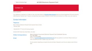 AZ DES Electronic Payment Card - Contact Us - Bank of America