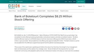 Bank of Botetourt Completes $8.25 Million Stock Offering - PR Newswire