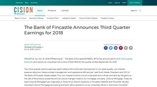 The Bank of Fincastle Announces Third Quarter Earnings for 2018