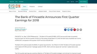 The Bank of Fincastle Announces First Quarter Earnings for 2018
