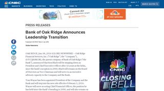 Bank of Oak Ridge Announces Leadership Transition - CNBC.com
