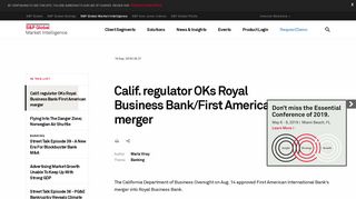 Calif. regulator OKs Royal Business Bank/First American merger | S&P ...