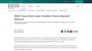 BB&T launches new mobile check deposit feature - PR Newswire