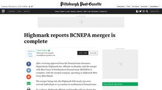 Highmark reports BCNEPA merger is complete | Pittsburgh Post-Gazette