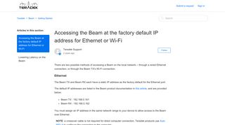 Accessing the Beam at the factory default IP address for Ethernet or Wi ...