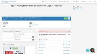 BEC Technologies BEC 8920NE Default Router Login and Password