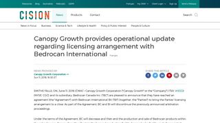 Canopy Growth provides operational update regarding licensing ...