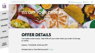 Take 15% off your order when you order in the app or online - Taco Bell