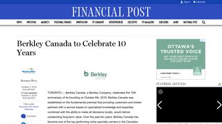 Berkley Canada to Celebrate 10 Years | Financial Post