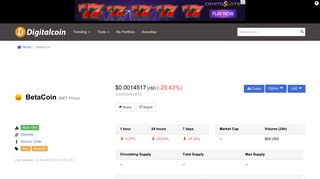 BetaCoin (BET) Price | $0.00148827 USD | Live Price Charts | Market ...
