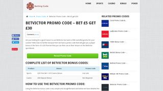 Betvictor Promo Code - Bet £5 get £30 - Betting Code