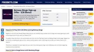 Betway Bingo - £30 Bonus Sign-up Offer | Freebets.com