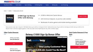 Betway Casino £1000 Sign up Bonus | Freebets.co.uk