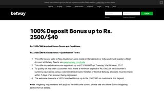 100% Deposit Bonus up to Rs. 2500/$40 - Betway