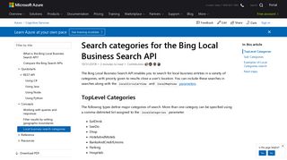 Search categories for the Bing Local Business Search API - Azure ...