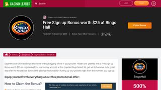 Sign Up and Grab $25 No Deposit Bonus at Bingo Hall