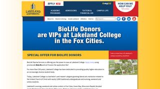 Special offer for BioLife donors - Lakeland University