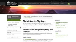 BioNet Species Sightings - Office of Environment and Heritage