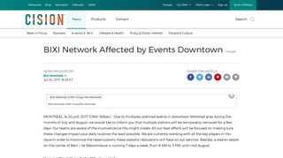 BIXI Network Affected by Events Downtown - Canada Newswire