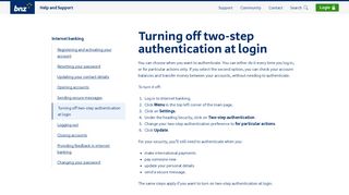 Turning off two-step authentication at login - BNZ