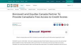 Borrowell and Equifax Canada Partner To Provide Canadians Free ...
