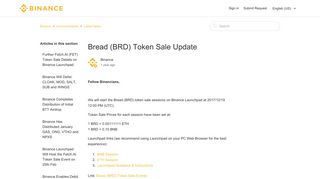 Bread (BRD) Token Sale Update – Binance