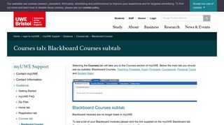 Courses tab: Blackboard Courses subtab - UWE Bristol: myUWE Support