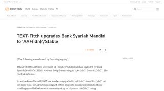 TEXT-Fitch upgrades Bank Syariah Mandiri to 'AA+(idn)'/Stable | Reuters