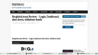 Btcglobal.team Review - Login, Dashboard, shut down, withdraw funds