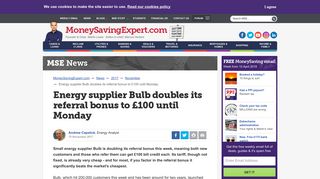 Energy supplier Bulb doubles its referral bonus to £100 until Monday