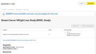 Breast Cancer WEight Loss Study (BWEL Study). Clinical trial ...