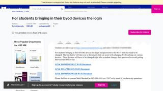 For students bringing in their BYOD devices the login and password to ...
