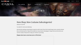 Playthisgame - CABAL - Notice - Item Shop: New Costume ...