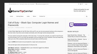 Call of Duty – Black Ops: Computer Login Names and Passwords ...