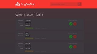 camonster.com passwords - BugMeNot