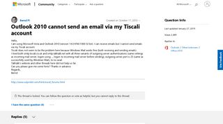 Outlook 2010 cannot send an email via my Tiscali account ...
