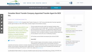 Canadian Stock Transfer Company Appointed Transfer Agent for BCE ...